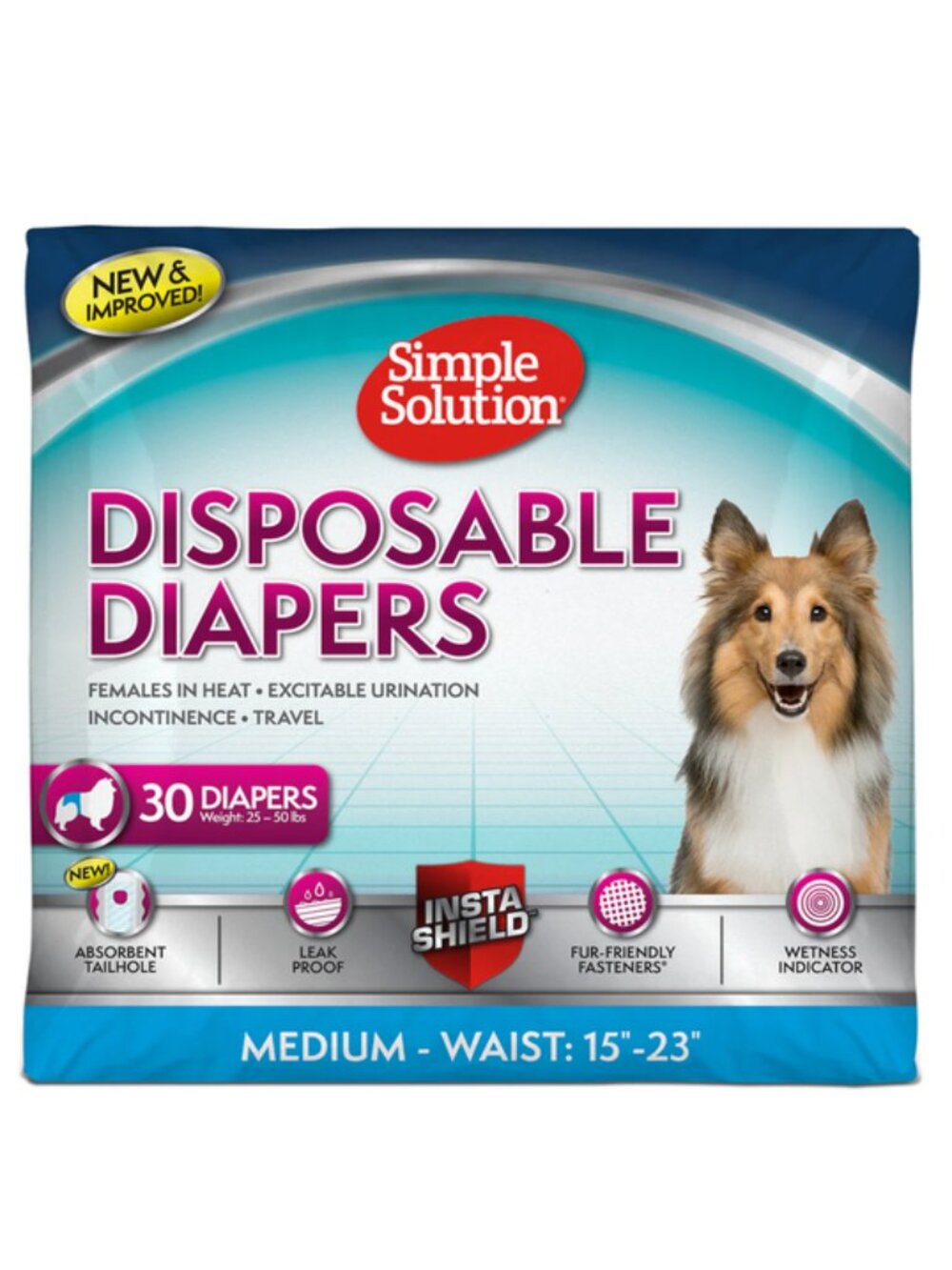 NEW~ Simple Solution Disposable Female Dog Diapers, Med. 15" - 23" waist, 30 Ct.
